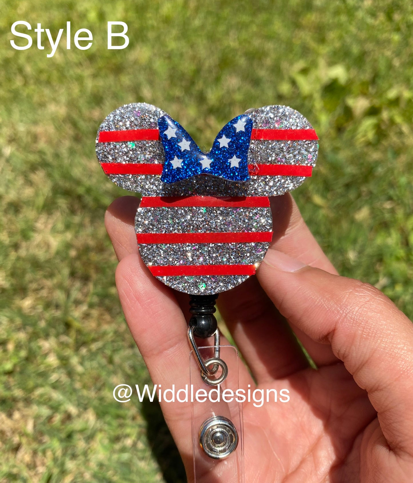 Custom personalized American flag Fourth of July mouse head personalized keychain, custom badge reel